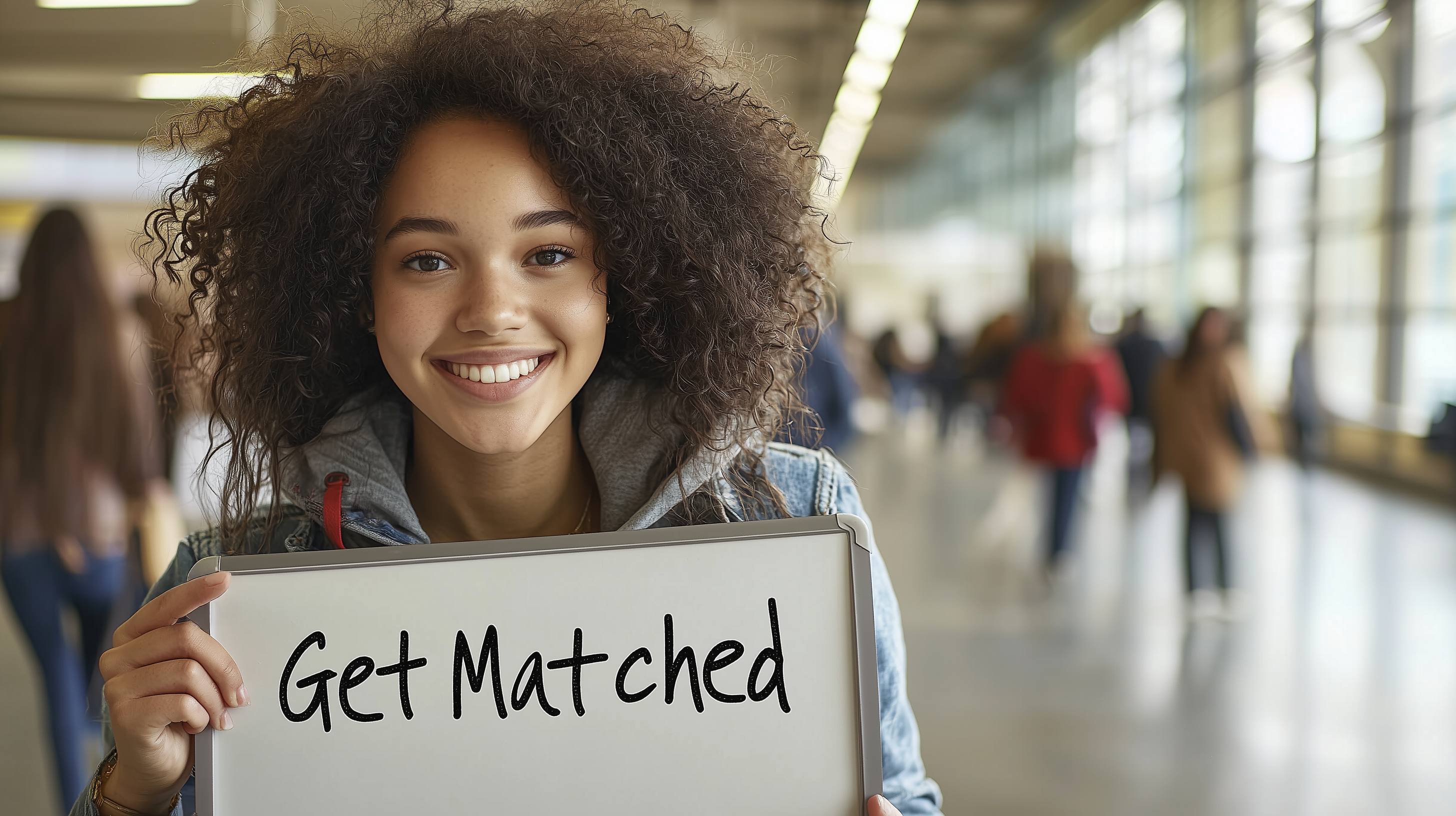 Student holding laptop with Get Matched message in school hallway