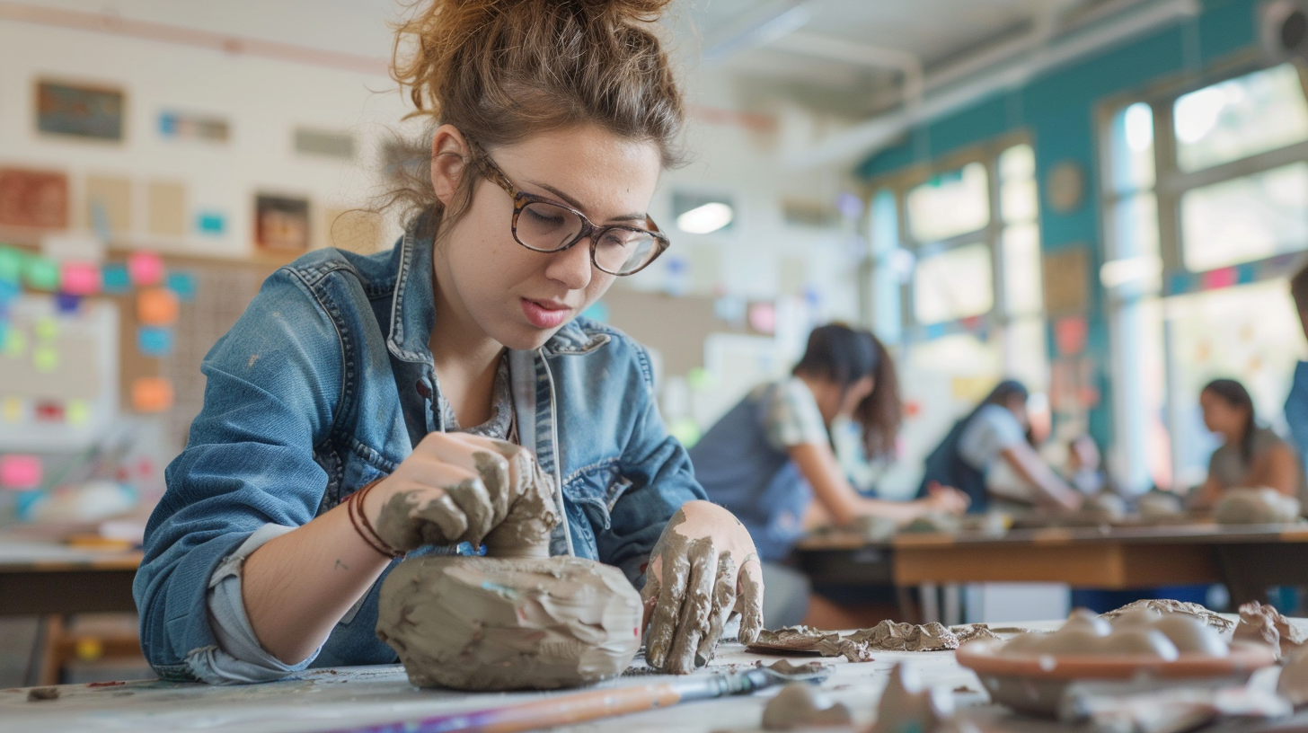 Student working with clay in art classroom